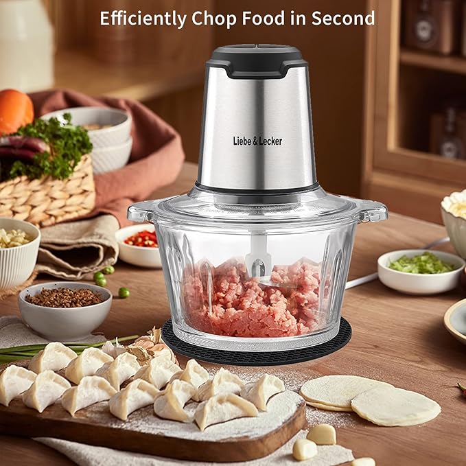 Liebe&Lecker Electric Food Chopper, 350W Food Processor with 2 Bowls | Dual 8-Cup Stainless Steel Meat Grinder, 2-Speed Vegetable Chopper with 4 Sharp Blades for Nuts, Puree Recipes, Zero BPA