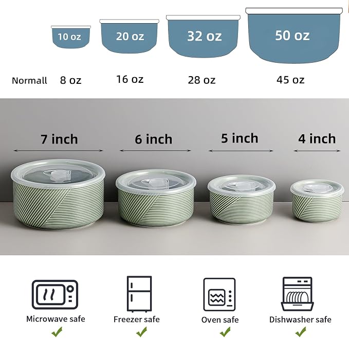 Ceramic Nesting Bowls with Lids: Mixing Bowls with Lids - Porcelain Food Storage Containers For Prep and Serving, Microwavable Kitchen Bowl Set of 4, 50/32/20/10 oz (Green)