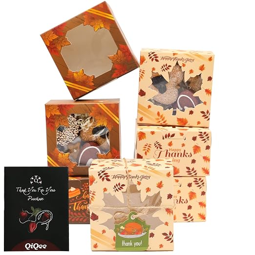 qiqee Thanksgiving Bakery Boxes with Window 52pcs 4x4x2.5 Mini Cookie Boxes Macaron Boxes Small Donut Pastry Boxes for Thanksgiving Day
