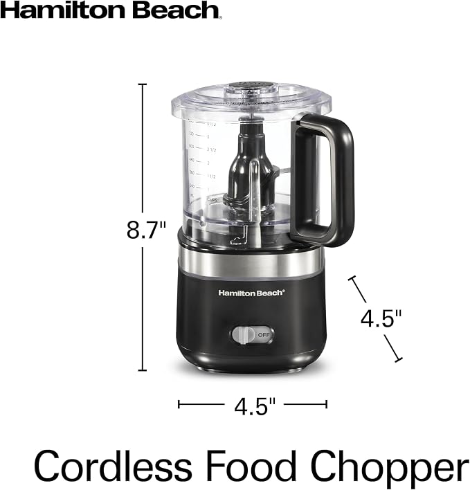 Hamilton Beach Powerful Cordless Mini Food Processor and Vegetable Chopper, 4 Cup Capacity, Fast Recharging, Includes Power Adapter, Chop, Puree, Emulsify, Grind, Dishwasher Safe Bowl, Black (72880)