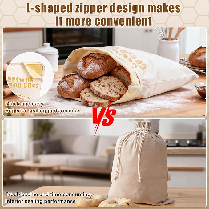 2 Pack Beeswax Bread Bags for Sourdough, Reusable Bread Bag with Wide Zipper, 16×12 Inch Large Capacity Cotton Bread Storage Bags for Homemade Bread Freezer-Friendly & Freshness Preservation