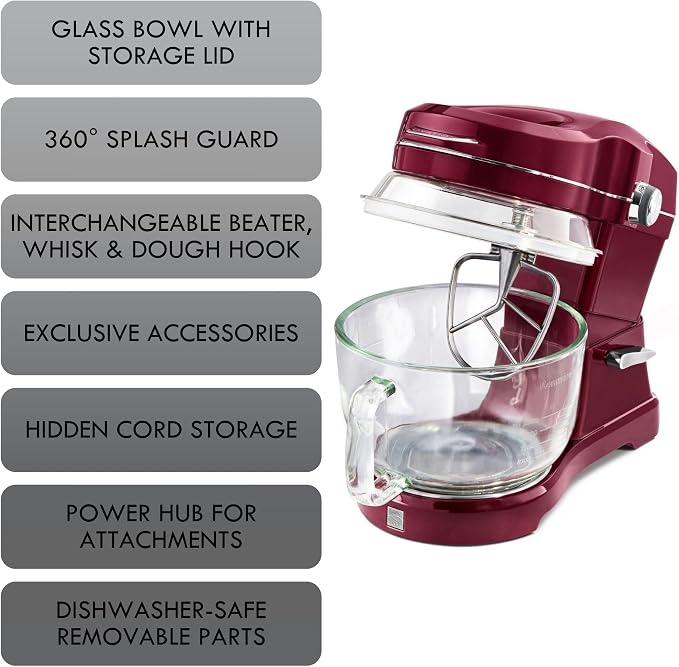 Kenmore Ovation 500W RedStand Mixer, 10‑Speed Tilt‑Head with 5QT Glass Bowl, Pour‑In Top, 360° Splash Guard, LED Light, Flat Beater, Dough Hook & Whisk for Powerful, Stable, Low‑Noise Mixing