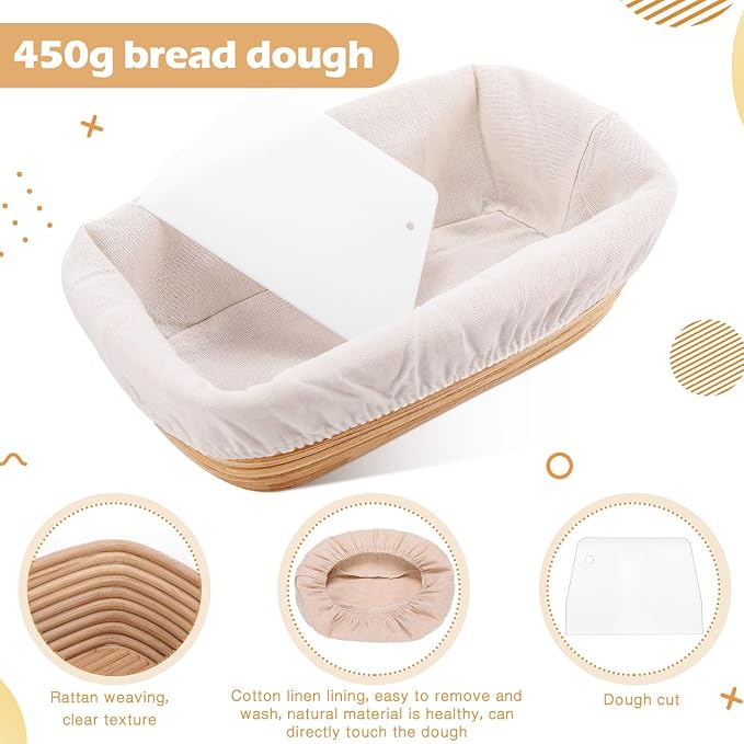 Nuogo 4 Pieces 10 Inch Bread Banneton Proofing Basket Rattan Banneton Dough Proofing Bowls with Liners and Scatters for Home Sourdough Baking (Rectangle)
