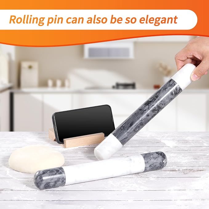 Tianman French Marble Rolling Pin.12 Inchs Marble Rolling Pin for Baking With Wooden Base Holder Stand-Non-Stick Baking Roller for Baking Fondant, Pizza,Cookies,Crust,Pasta(White-Black-White)