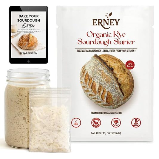 ERNEY Dehydrated Organic Rye Sourdough Starter 21.6 g Per Sachet for Bread Making - Perfect Rise Organic Sourdough Bread Flour with Instruction - Versatile Homemade Pastry Flour Perfect for Artisan Loaf Pizza Muffins
