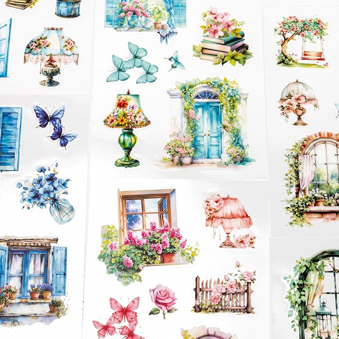 Fallen Flowers Courtyard Sticker Scrapbooking Supplies for Junk Journal, 20 Sheets PET Stickers - Vintage Journaling Stickers, Ephemera Sticker Book Pre Cut(TZ-009-001)