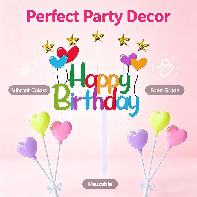 Colorful Happy Birthday Cake Topper Set - Stars and Hearts Picks, Perfect for Kids' Birthdays, Rainbow Themed Parties Ideal for Cupcakes Party Decor
