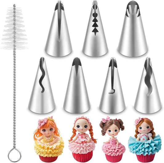 7PCS Pleated Skirt Piping Tips Set, Stainless Steel Cake Decorating Tips Nozzle Piping Set Frosting Icing Tips with Cleaning Brush for Pastry Fondant Cupcakes Cake Decorating