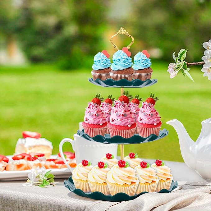 BACUTHY 3 Tier Cupcake Stand Holder, Plastic Cup Cake Stand Tower with Tiered Serving Tray for Cupcakes, Donuts, Fruits and More (Green)