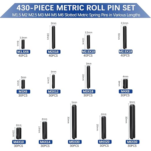 430 Pcs Roll Pin Set, Slotted Metric Spring Pins, Steel Split Expansion Pin M1.5 M2 M2.5 M3 M4 M5 M6, Spring Dowel Tension Roll Pins for Home Improvement Automotive Repair