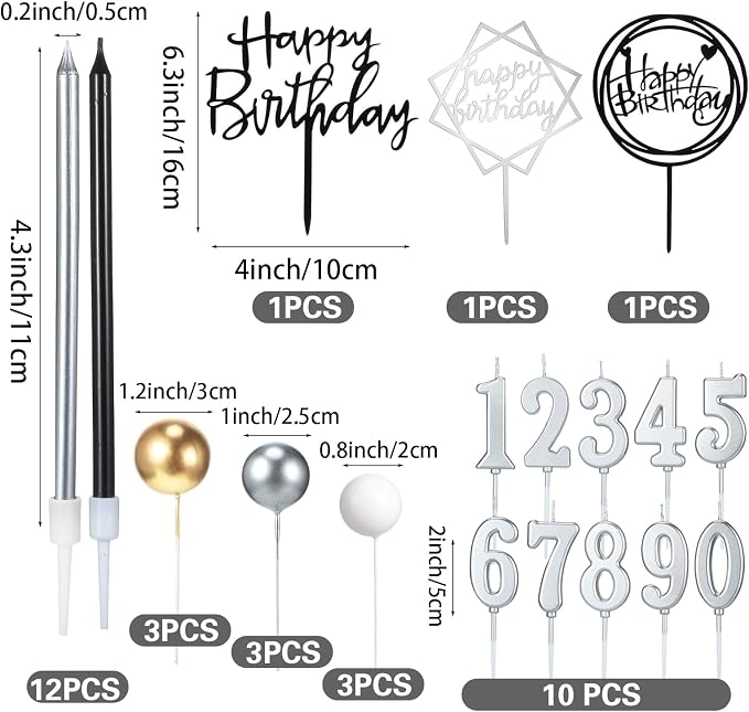 Yerliker 34 Pcs Happy Birthday Cake Toppers Decorations Birthday Candles DIY Cake Decor for Men Women Wedding Anniversary(Gold Silver White)