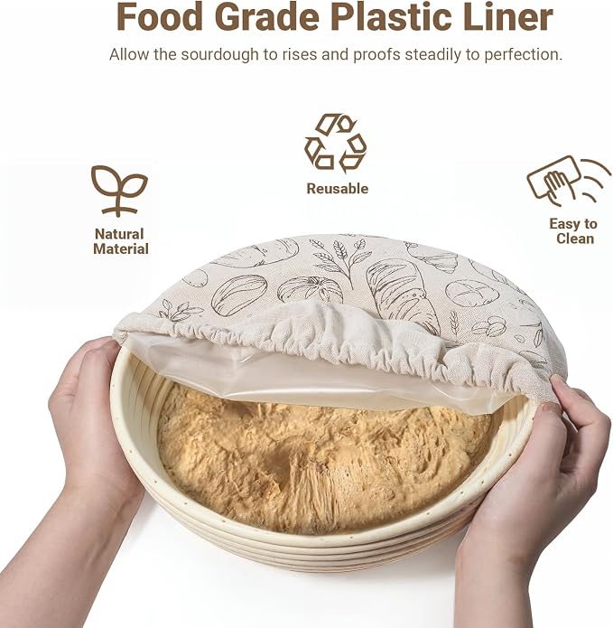 2 Pack Large Reusable Linen Bread Bags and 10'' Bowl Covers with Plastic Liners for Bread Storage & Sourdough Proofing