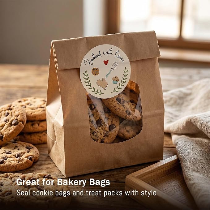 120 Pack Baked with Love Stickers, Round Baking Labels for Cookies, Sourdough Bread & Homemade Treat Packaging, Bakery & Small Business Sealing Stickers for Gift Bags, Boxes & Jars, 1.6"