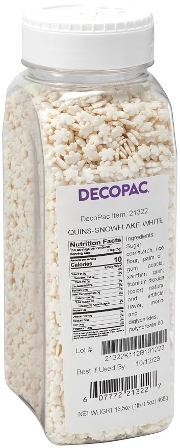 DecoPac White Snowflake Quins, 16.5oz, Fancy Sprinkles Shaped Like Snowflakes, Candy Sprinkles in Handheld Container, Edible Sprinkles For Celebration Cakes, Cupcakes, Cookies 1.03 Pound (Pack of 1)