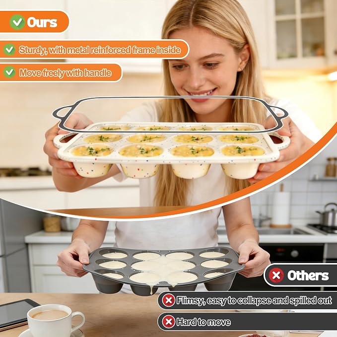 Juome Egg Bites Silicone Mold with Metal Frame, 2 Pack 24 Cups Silicone Muffin Pans for Baking, Nonstick Cupcake Pan Molds for Making Tarts, Meatloaf and Mini Cheesecakes