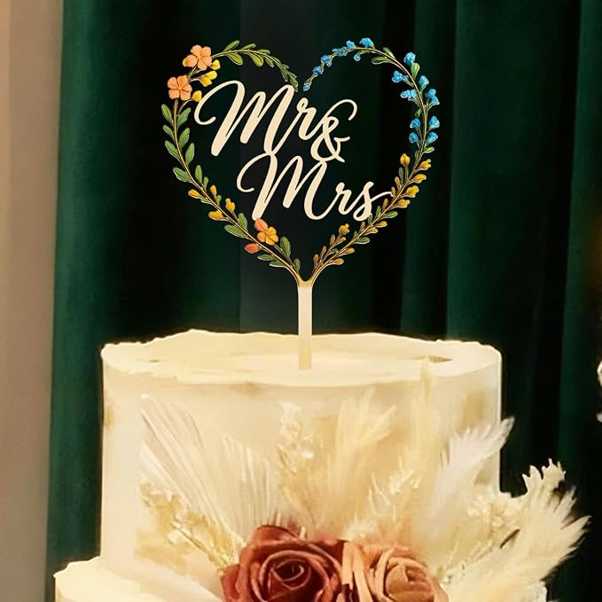 Rustic Wooden Mr and Mrs Cake Topper – Boisdubois Elegant Floral Heart Wedding Decoration for Bride & Groom, Weddings, Engagements, Anniversaries & Bridal Showers