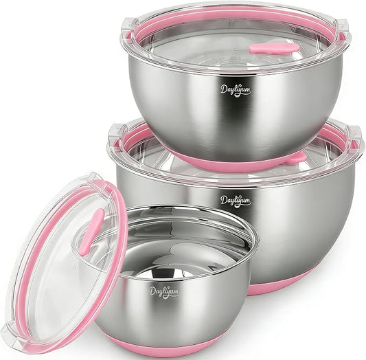 Mixing Bowls with Airtight Lids, Stainless Steel Nesting Bowl Set with Clear Lids & Valve, 3 Essential Sizes (1.5/3/5 QT), Measurement Marks, Non-Slip Silicone Base, Food Prep & Fridge Storage, Pink