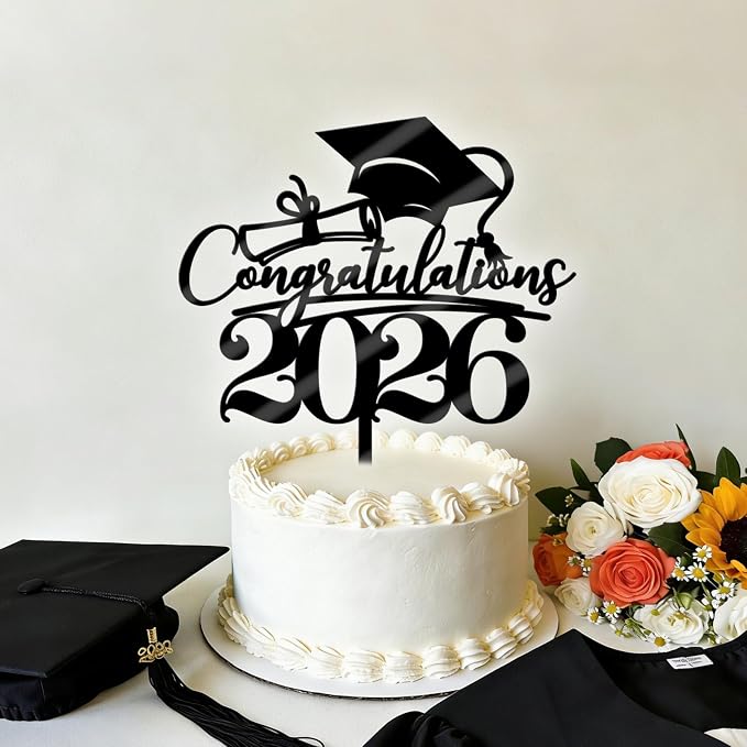 Congratulations 2026 Graduation Cake Topper,Congrats Grad Cake Decor - 2026 High School/College/Senior Graduation Party Decorations Supplies (black Acrylic 2)