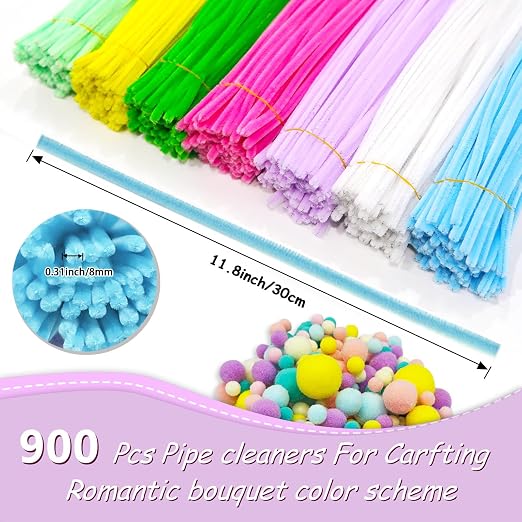 7 Color Macaron Pipe Cleaners Bulk with Pompoms - 900pcs Craft Kit Fluffy Fuzzy Wire and Pastel Pom Poms Chenille Stems for Arts & Crafts, Flowers School Classroom Christmas Party Supplies