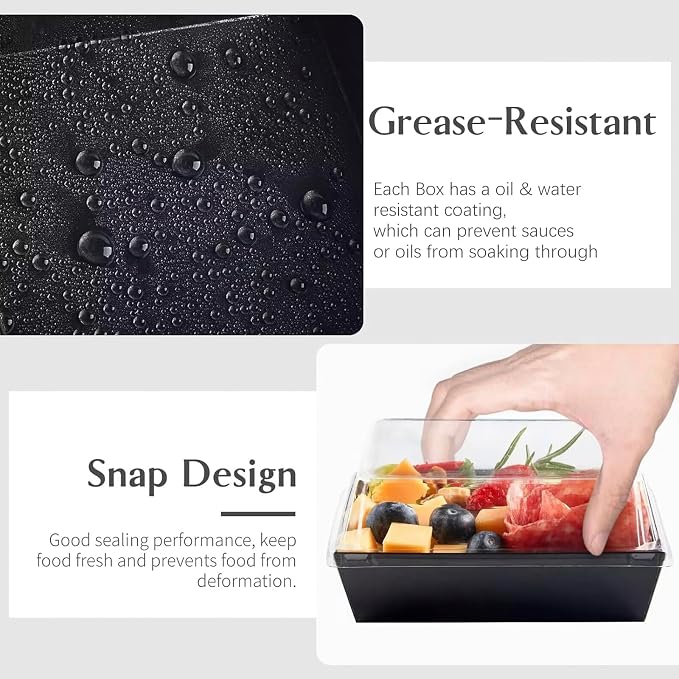 ZORRITA Paper Charcuterie Boxes with Clear Lids, 50 Pack, 5 Inch, Black | Square To Go Dessert Containers, Small Bakery Boxes, For Cake, Cookies, Sandwich, Strawberries