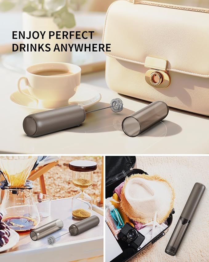 CIRCLE JOY Portable Rechargeable Milk Frother Hanheld, Dual Spring Whisk Electric Coffee Frother Wand Drink Mixer for Matcha Lattes Cappuccino, Kitchen Gifts, Brown