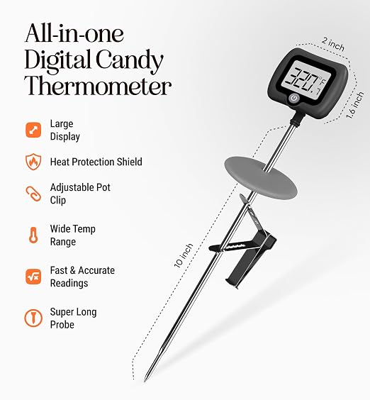 Digital Candy Thermometer with Pot Clip, 10" Long Stainless Steel Probe, Instant Read Kitchen Thermometer for Cooking, Baking, and Candy Making (Dark Gray)