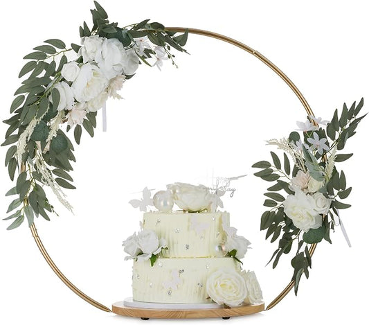 NUPTIO Wedding Cake Stand Pedestal: 14.2 Inch Cupcake Display Wooden Floral Arch Stands with Gold Metal Hoop Table Centerpieces Decoration for Birthday Tea Party Banquet Christmas Anniversary