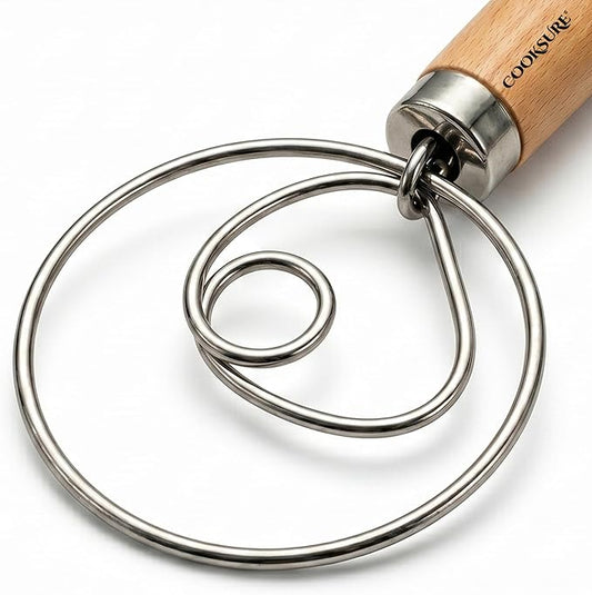 Danish Dough Whisk for Sourdough Bread – 13 Inch Bread Whisk with Wooden Handle – 304 Stainless Steel Hook for Heavy Dough Baking, Swedish Dough Whisk Tool