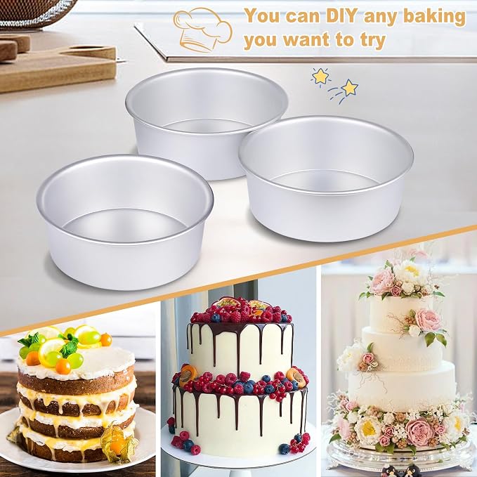 8 x 3 Inch Aluminum Round Cake Pan, 3-Piece Set Cake Baking Pans, Round Layer Cake Baking Pans for Birthday Wedding Home Kitchen DIY Baking Tools, Heavy Sturdy & Healthy, Oven Safe