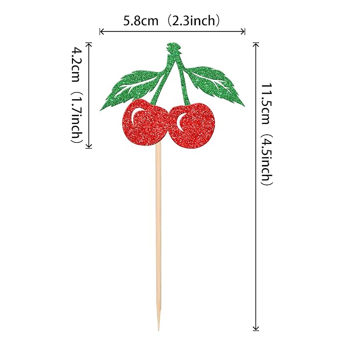 24 PCS Cherry Cupcake Toppers Red Glitter Fruit Theme Sweet Cherry Cupcake Picks for Cherry Theme Baby Shower Kids Birthday Party Cake Decorations Supplies