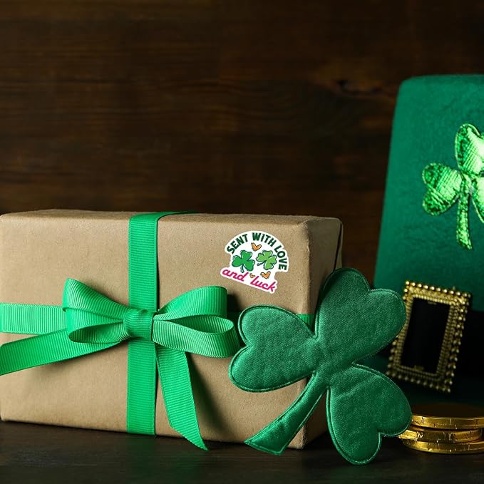 200 PCS St. Patrick's Day Packaging Stickers,Sent with Love and Luck,Clover Sticker for Small Business Envelopes Shipping Boxes Gift Packaging