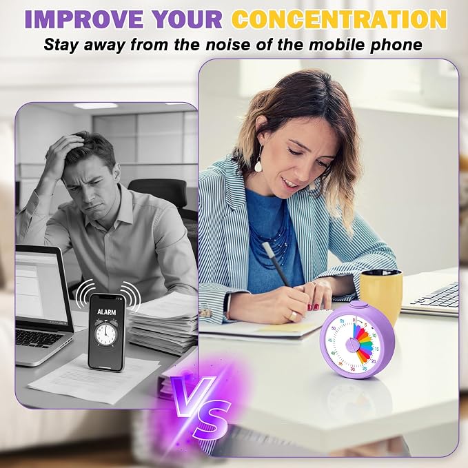Mwellewm Visual Timer for Kids, 60 Minute Time Digital Pomodoro Timer Countdown with Silent Pause Function for Classroom Kitchen Study Cooking Meetings ADHD Rainbow Pattern(Circle Purple)