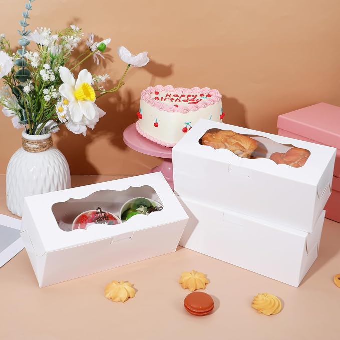 30Pcs White Bakery Boxes with Window 9x4x3.5 Inch Cookie Boxes for Roll Cakes, Desserts, Muffins, Donuts, Candies, and Pastries, Perfect for Weddings, Parties, and Gifts