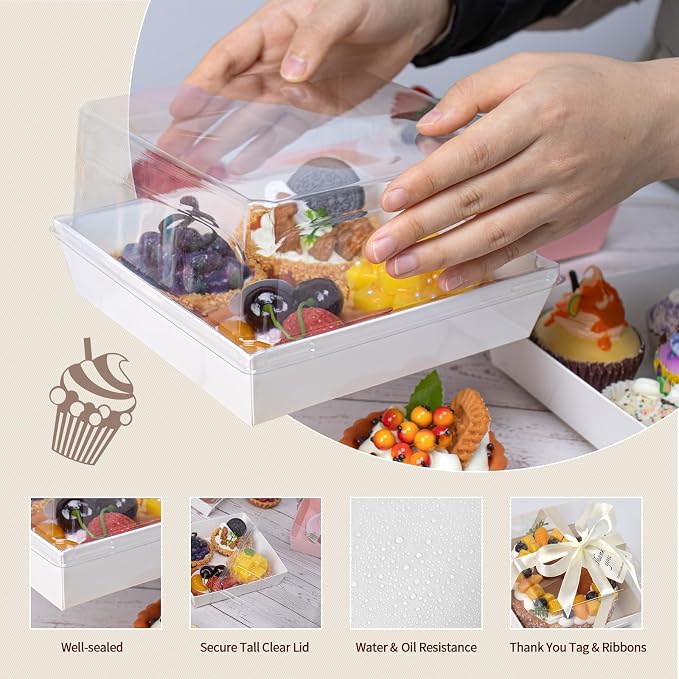 7 x 7 x 4 Inches Paper Cake Boxes with Clear Lids, 50 Pack White Large Charcuterie Square Food Containers, Valentine's Day Disposable Bakery Boxes for 4-6 Inch Bundt Cake, Pie, Dessert