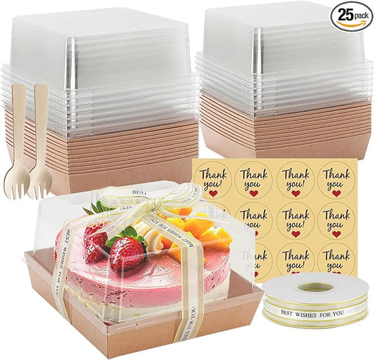 7 x 7 x 4 Inches Paper Charcuterie Boxes with Clear Lids, 25 Pack Large Clear Cake Boxes for 4-6 Inch Cake, Disposable Bakery Boxes Food Containers for Cupcakes,Pie,Cookies, Cocoa Bomb Brown