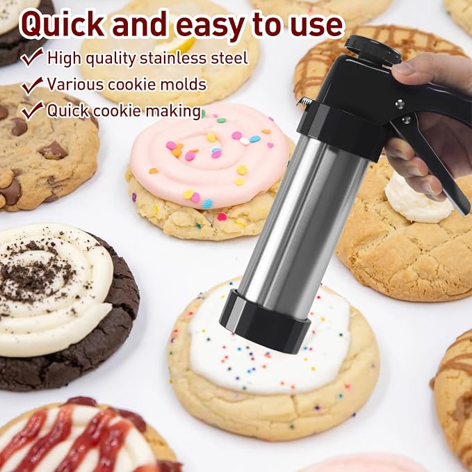 52 Pcs Cookie Press Gun Kit Stainless Steel Cookies Press Spritz Cookie Press Gun for Baking with 16 Cookie Discs,Piping Tips,Piping Bags for DIY Christmas Cookies Maker Cake Decorating