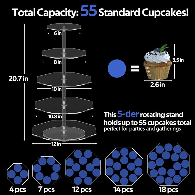5-Tier Rotating Cupcake Stand, Clear Acrylic 360° Spinning Dessert Display Tower for Cakes & Pastries, Serving Stand for Weddings, Birthdays, Parties-Polygon