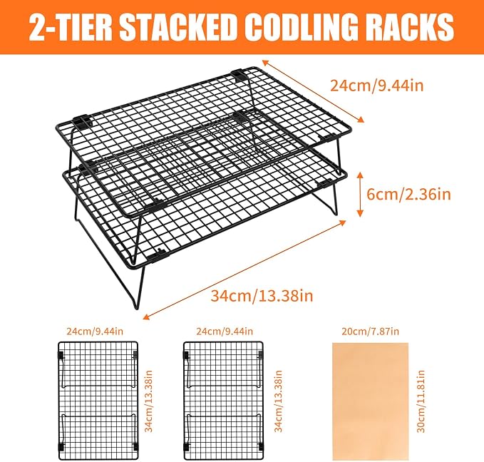 2-Tier Stackable Cooling Rack with Legs, 13"x 9" Nonstick Collapsible Wire Rack with 50 Pcs Parchment Paper for Baking Cookies, Cakes, Bread, Pizza