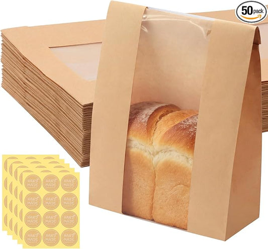 Twdrer 50 Pack Large Kraft Paper Bread Loaf Bag with Clear Front Window,Tin Tie Tab Lock Brown Bakery Coffee Cookie Treat Packaging Bags with 60 PCS Label Seal stickers(14" x 8.3" x 3.5")