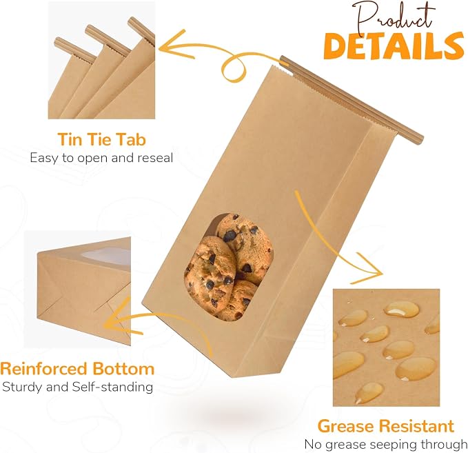 50 Pack Bakery Bags with Window, 3.9x2.3x8 Inches Tin Tie Tab Paper Cookie Bags Brown Small Gift Bag for Packaging Popcorn, Trail Mix, Treats, Snacks, Baked Goods, Party Favors | Grease Resistant