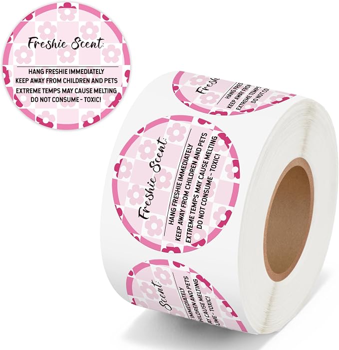 PANTIDE Freshiess Scent Care Instruction Stickers - 500 Count Car Freshie Warning Round Labels, Adhesive Roll Stickers with Line to Write Thermal Printed for Small Business (2 x 2 Inch, Pink Flower)