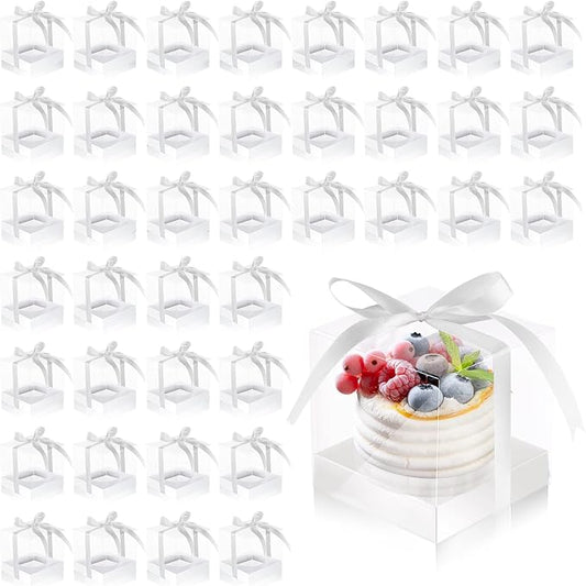 Thenshop 50 Pcs Clear Cupcake Boxes Individual 3.5 Inch Plastic Single Cupcake Containers Boxes with Inserts and Ribbon Individual Cake Storage Holders for Cake Kitchen(White)