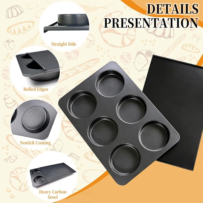 6 Cup Straight Side Jumbo English Muffin Cupcake Pan with Lid, Nonstick Hamburger Burger Bun Mold Muffin Pan for Baking Egg Sandwich Frittata Cinnamon Roll Focaccia Quiche Pancake