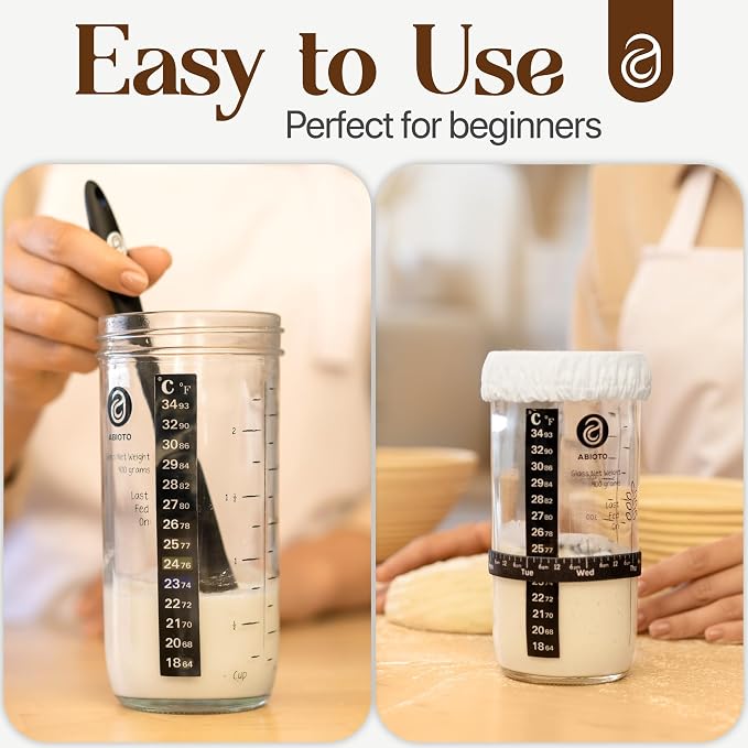 ABIOTO Sourdough Starter Kit, Includes 24 oz Sourdough Starter Jar with Metallic Lid, Silicone Spatula, Feeding Tracker, Extra Thermometer Strips & Breathable Covers - Sourdough Bread Starter Kit