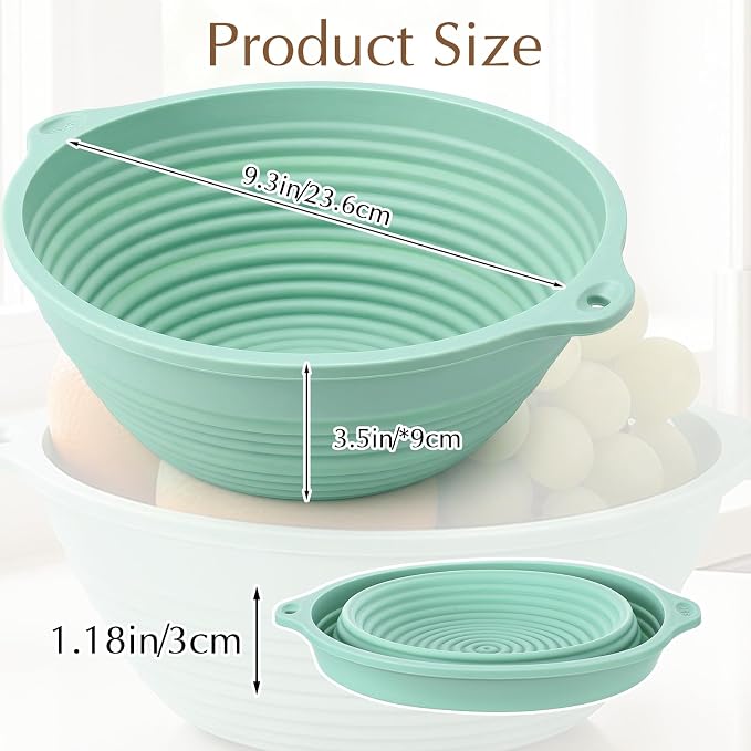 4-Pack Silicone Banneton Bread Proofing Baskets, 9.3-Inch Round Foldable Dough Bowls with Reinforced Rim, Oven & Dishwasher Safe, BPA-Free (Green, Blue, Pink, Beige)