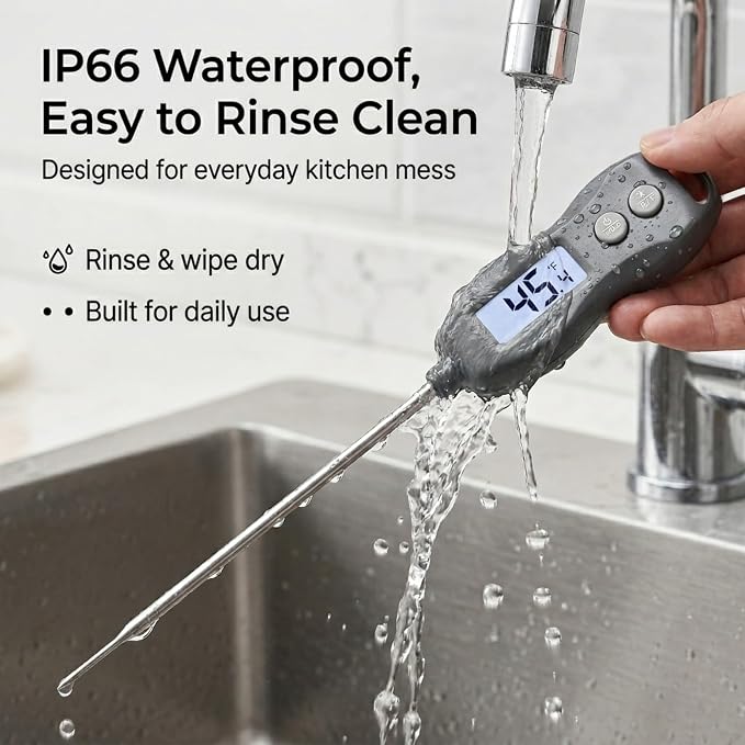 Meat Thermometer Digital Instant Read, Waterproof for Cooking & BBQ (Black) | Backlit food thermometer with 5.3” probe for steak, turkey, oil, candy, liquids, sourdough & baking