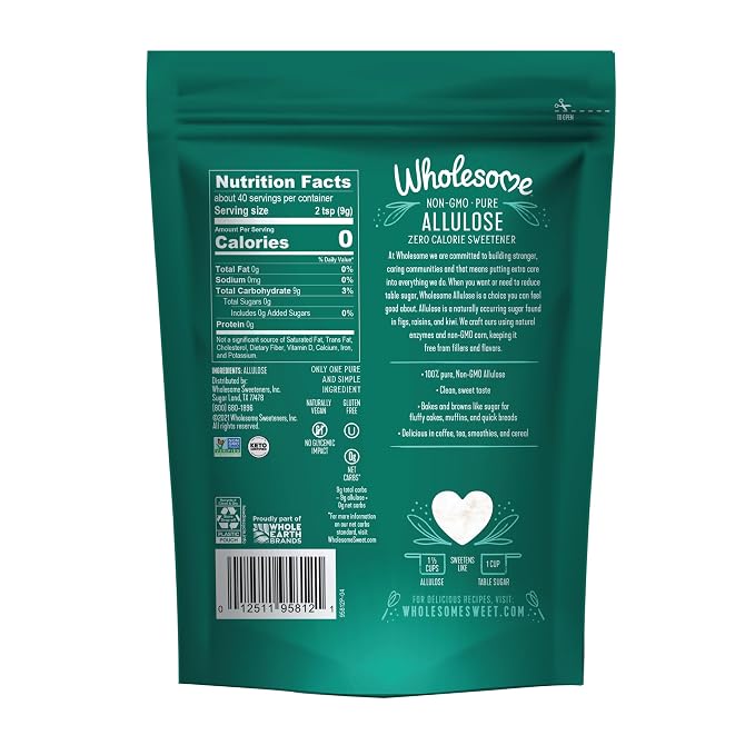 Wholesome Sweeteners 12-Ounce Allulose Sweetener, Zero Calorie Sugar Substitute, Keto Friendly, Non GMO, Non-Erythritol, Gluten Free & Vegan Sweetener, 1 Pack