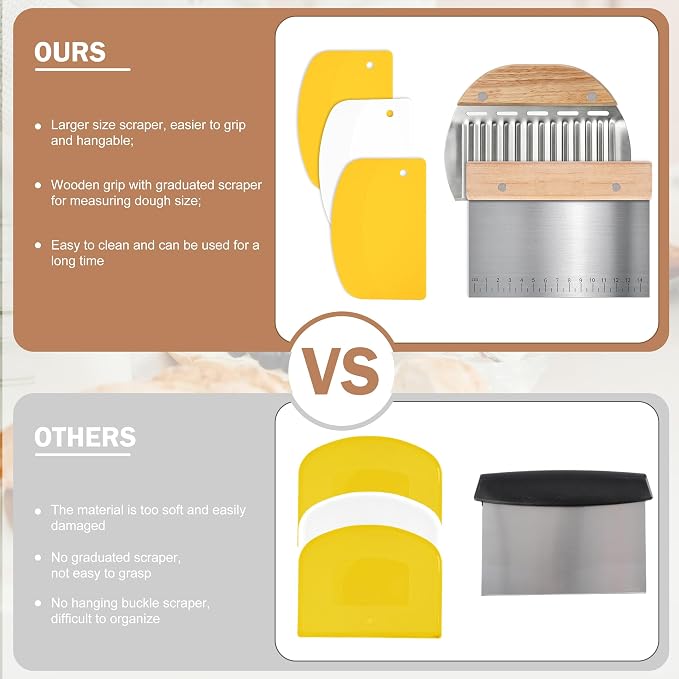 5 Pcs Bench Scraper, Bench Scraper Kitchen 2 Pcs Stainless Steel Dough Scraper with Wood Handle and 3 Pcs PP Food Scraper with Hanging Hole, Multipurpose Bread Dough Cutter for Baking-Yellow