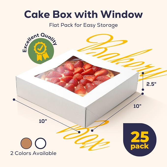 [25 Pack] Bakery / Pie Box with Window 10x10x2.5" - White Cardboard Packaging for Cupcake, Cookies and Pastry, Restaurant Containers And Personalized Favors