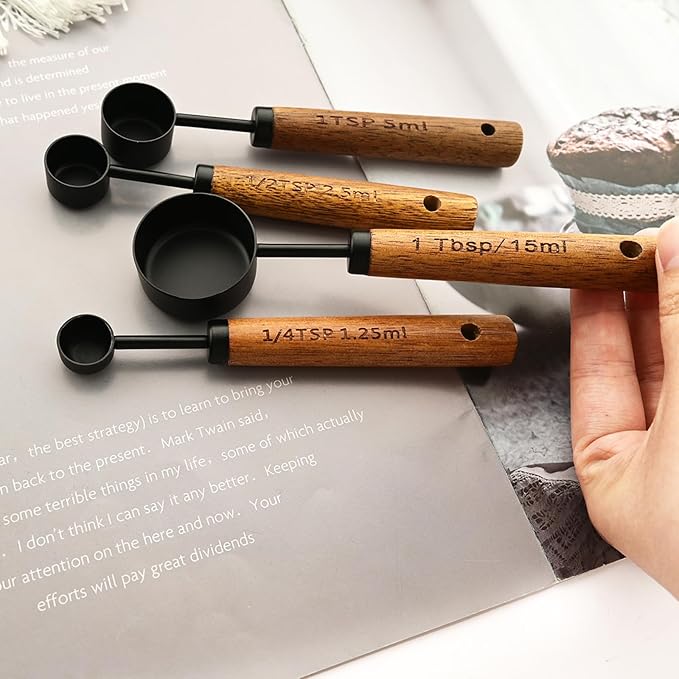 Measuring Cups and Spoons Set of 8, Matte Black Stainless Steel Nesting Kitchen Measuring Set, Wood Handle Dry and Liquid Measuring Cups, For Cooking and Baking